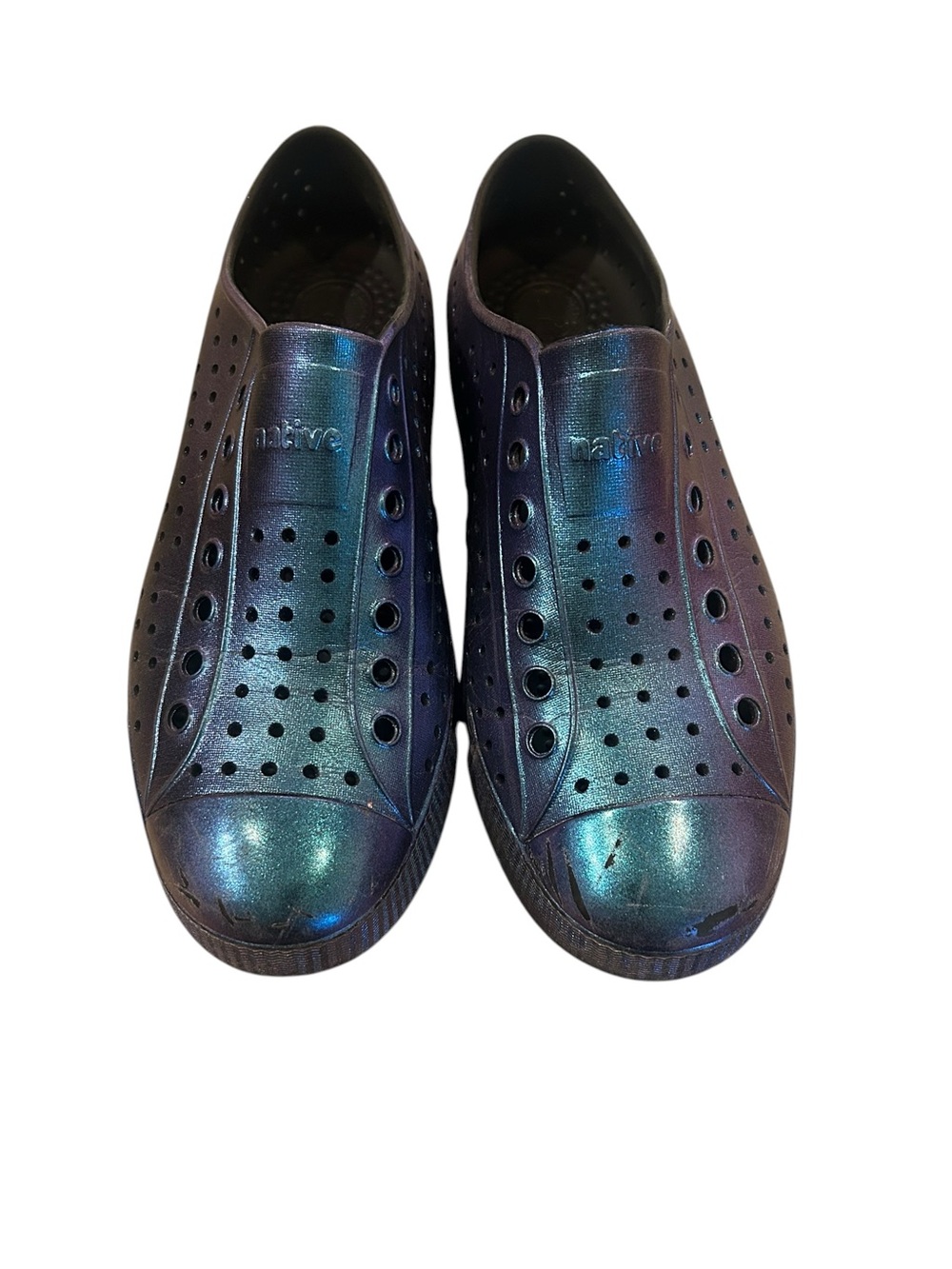 Native Jefferson Slip-On Shoes in Iridescent Blue-Green size 10